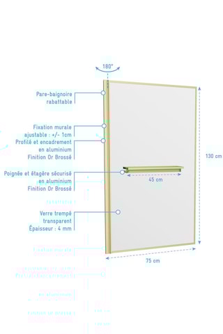 Mampara de bañera Golden Edge Shelf - Dorado - 130 x 75 cm