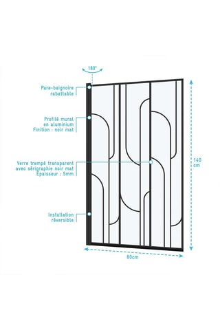 Mampara de bañera Gatsby - Negro - 140 x 80 cm