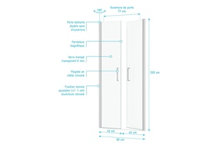 Mampara puerta de ducha doble Flappy - Cromado - 90 x 200 cm