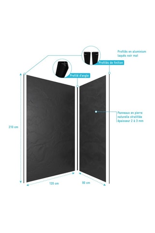 Pack de 2 paneles de pared de ducha y perfiles - Negro pizarra - 210 x 90/120 cm