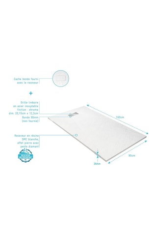 Plato de ducha con rejilla lineal Stone 2 - 90 x 160 x 2,6 cm