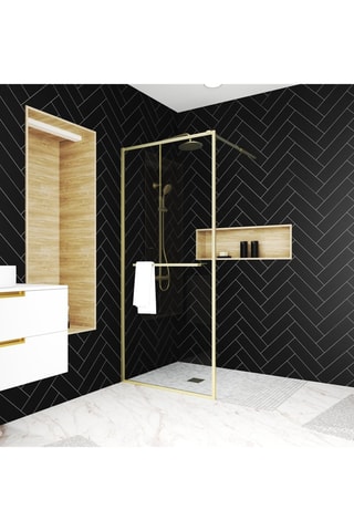 Mampara de ducha italiana con toallero y estantería - Dorado cepillado - 90 x 200 cm