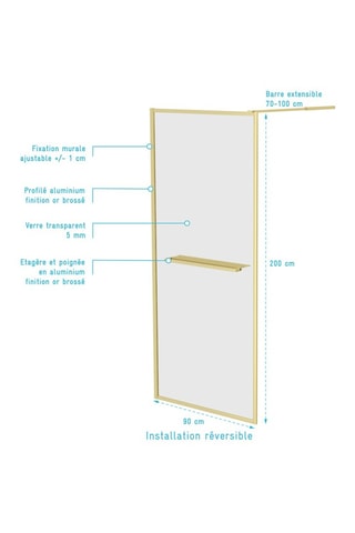 Mampara de ducha italiana con toallero y estantería - Dorado cepillado - 90 x 200 cm