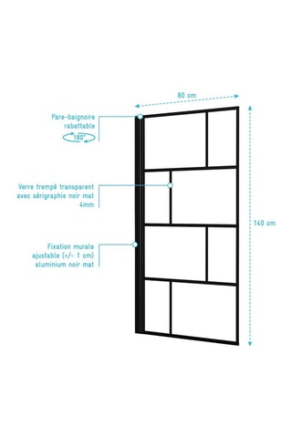 Mampara de bañera - Transparente y negro - 80 x 140 cm