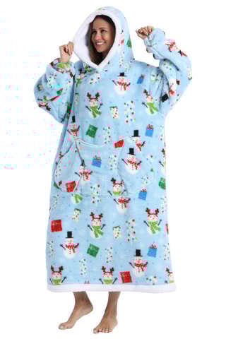 Pull plaid long à capuche - Bleu