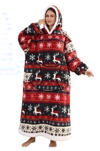 Pull plaid long à capuche - Rouge, noir et blanc