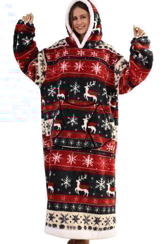 Pull plaid long à capuche - Rouge, noir et blanc