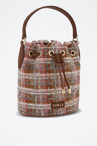 Sac seau en cuir de veau et tweed Clio - Rose clair et cognac