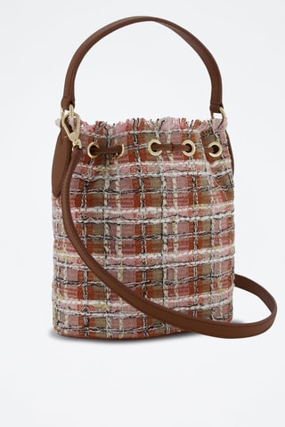 Sac seau en cuir de veau et tweed Clio - Rose clair et cognac