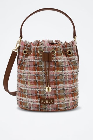 Sac seau en cuir de veau et tweed Clio - Rose clair et cognac