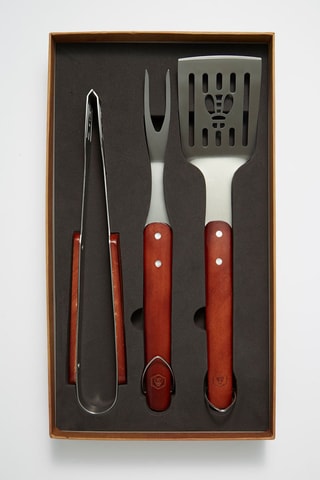 Conjunto barbecue  3 peças de aço Inoxidável e madeira