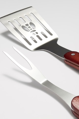 Conjunto barbecue  3 peças de aço Inoxidável e madeira