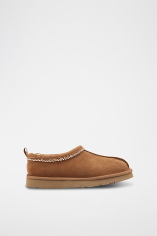 Pantoufles fourrées en cuir de mouton nubuck - Marron clair