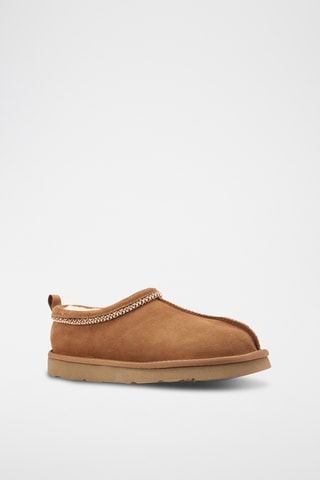 Pantoufles fourrées en cuir de mouton nubuck - Marron clair