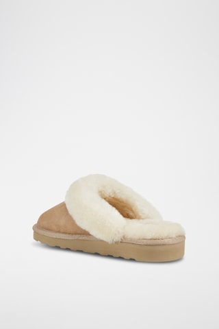 Pantoufles fourrées en cuir de mouton nubuck - Beige