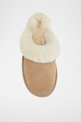 Pantoufles fourrées en cuir de mouton nubuck - Beige