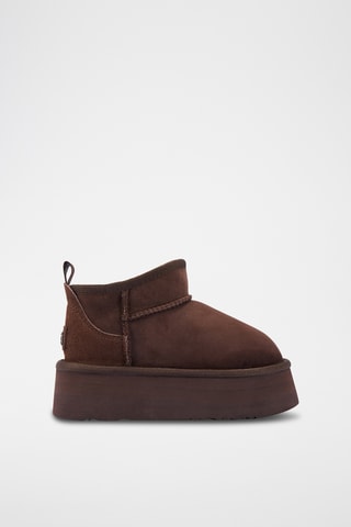 Bottines plateformes fourrées en cuir de mouton nubuck - Marron