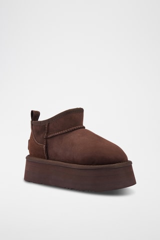 Bottines plateformes fourrées en cuir de mouton nubuck - Marron