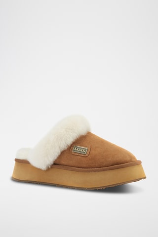 Pantoufles plateformes fourrées en cuir de mouton nubuck - Marron clair
