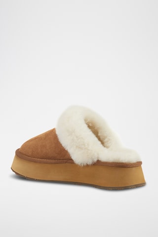Pantoufles plateformes fourrées en cuir de mouton nubuck - Marron clair