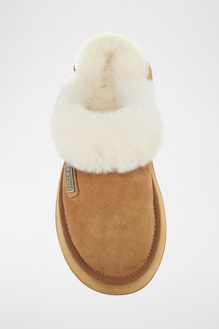 Pantoufles plateformes fourrées en cuir de mouton nubuck - Marron clair