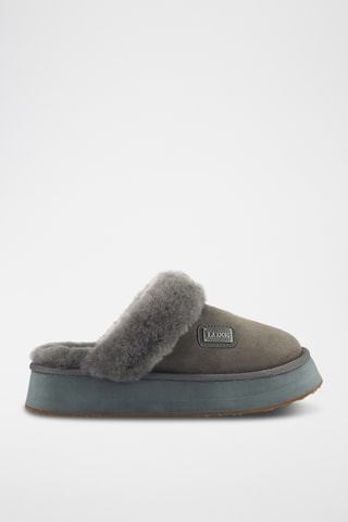 Pantoufles plateformes fourrées en cuir de mouton nubuck - Gris