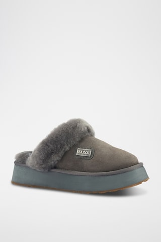 Pantoufles plateformes fourrées en cuir de mouton nubuck - Gris