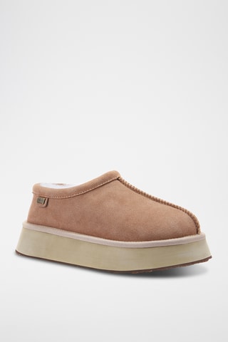 Pantoufles plateformes fourr&#xE9;es en cuir de mouton nubuck - Marron clair
