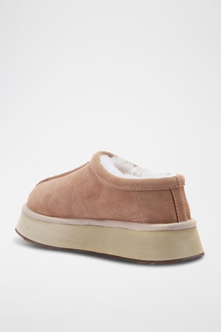 Pantoufles plateformes fourr&#xE9;es en cuir de mouton nubuck - Marron clair