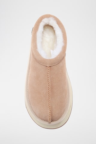 Pantoufles plateformes fourr&#xE9;es en cuir de mouton nubuck - Marron clair