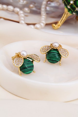 Oorbellen - Doublé Geelgoud, Malachieten en Zirkonia’s