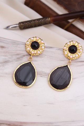 Messing Oorbellen - Doublé Goud, Tijgerogen & Onyx