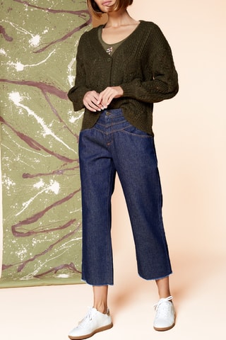 Calças de ganga direitas 7/8 de cintura alta - Azul-marinho