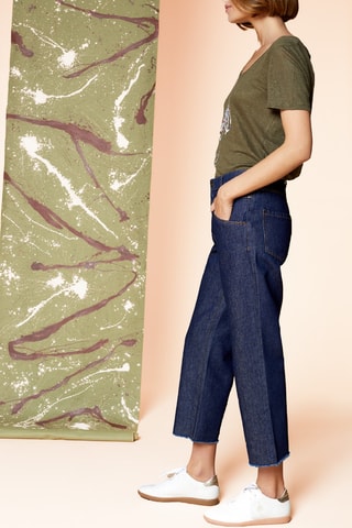 Calças de ganga direitas 7/8 de cintura alta - Azul-marinho