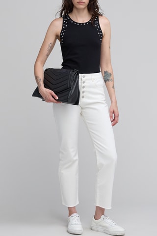 Calças de ganga direitas de cintura alta - Marfim