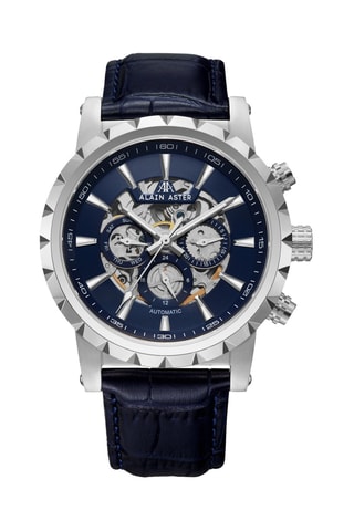 Reloj automático de piel - Azul y plateado