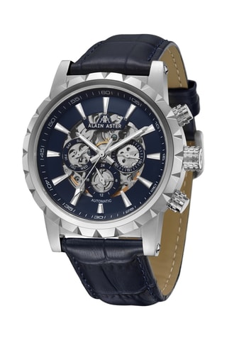 Reloj automático de piel - Azul y plateado