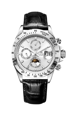 Reloj automático de piel - Taquímetro - Negro y plateado