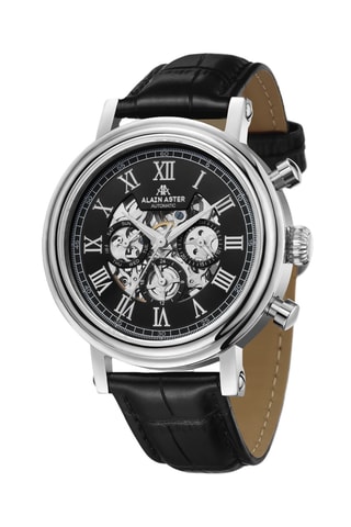 Reloj automático de piel - Negro y plateado