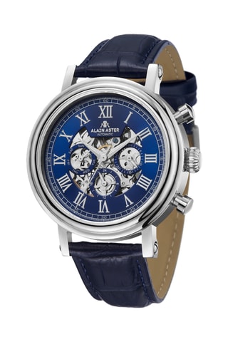 Reloj automático de piel - Azul y plateado