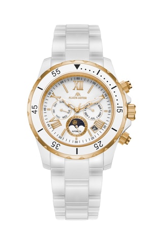 Reloj automático de cerámica - Blanco y dorado