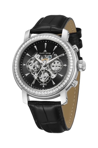 Reloj automático de piel - Negro y plateado