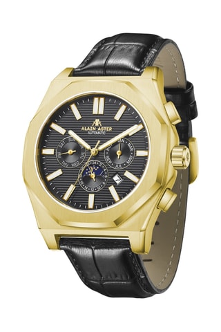 Reloj automático de piel - Negro y dorado