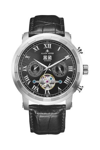 Reloj automático de piel - Negro y plateado