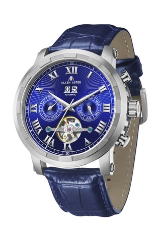 Reloj automático de piel - Azul y plateado