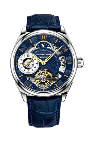 Relógio automático em couro Legacy Stührling - Função GMT e indicadores das fases da lua - Azul-marinho e prateado