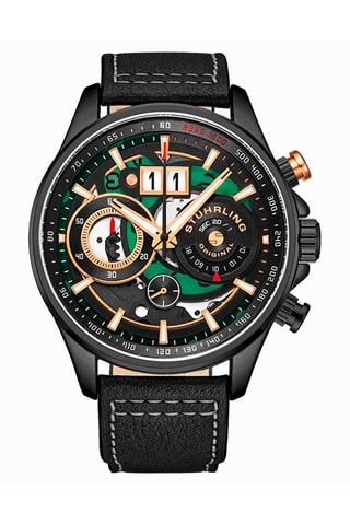 Relógio de quartzo em couro Aviator - Cronógrafo e taquímetro - Preto e verde