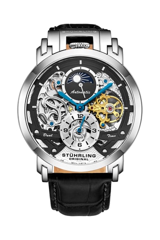 Relógio automático em couro Legacy - Função GMT - Preto e prateado