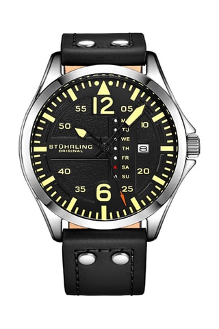 Relógio quartzo em couro Aviator Preto e prateado