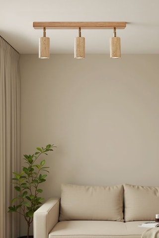 Candeeiro suspenso em travertino com revestimento em madeira - Natural - 3 x 10 W